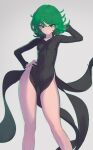  1girl absurdres arm_behind_head black_dress breasts curly_hair daniel_deves dress green_eyes green_hair hand_on_hip highres looking_at_viewer one-punch_man small_breasts solo tatsumaki 