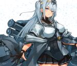  1girl black_gloves black_skirt blue_eyes blush chou-10cm-hou-chan_(fuyutsuki&#039;s) clothes_writing cowboy_shot fuyutsuki_(kancolle) gloves grey_hair grey_neckerchief hachimaki headband highres kantai_collection long_hair neckerchief one_side_up parted_lips partially_fingerless_gloves pleated_skirt sailor_collar school_uniform serafuku signature skirt solo sunday_aki white_headband white_sailor_collar 