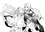  2girls :d bangs bare_shoulders blush circlet closed_eyes detached_sleeves dress fire_emblem fire_emblem:_radiant_dawn half_updo highres jnsghsi long_hair long_sleeves micaiah_(fire_emblem) monochrome multiple_girls open_mouth simple_background sleeveless sleeveless_dress smile turtleneck_dress very_long_hair white_background yune_(fire_emblem) 