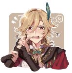  1boy alhaitham_(genshin_impact) anger_vein black_gloves blonde_hair blush earrings fang feather_hair feather_hair_ornament feathers fingerless_gloves gem genshin_impact gloves gold_earrings gold_trim green_gemstone hair_ornament jewelry kaveh_(genshin_impact) long_hair looking_at_viewer male_focus mt_gnsn nose_blush open_mouth red_eyes tearing_up tears 