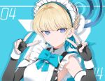  1girl black_gloves blonde_hair blue_archive blue_background blue_bow blue_bowtie blue_eyes bow bowtie breasts ev_(dai00888) fingerless_gloves gloves halo highres looking_at_viewer maid maid_headdress medium_breasts short_hair solo toki_(blue_archive) upper_body 