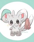  :&gt; bandana black_eyes blush chira_(riiche573) closed_mouth commentary_request full_body green_bandana highres holding minccino no_humans pokemon pokemon_(creature) slippers smile solo sparkle twitter_username watermark 
