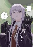  1girl after_ejaculation bangs black_gloves black_ribbon blurry blurry_background brown_necktie collared_shirt cum_on_gloves danganronpa:_trigger_happy_havoc danganronpa_(series) disgust gloves hair_ribbon hands_up jacket kirigiri_kyouko long_sleeves necktie pink_eyes purple_jacket ribbon samidare_(hoshi) samidareura shirt solo speech_bubble teeth thought_bubble unamused white_shirt 