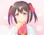  1girl bangs black_hair bolo_tie brown_eyes bubble_background commentary cookie food hair_between_eyes hair_ornament hair_ribbon hairclip happy_tears highres holding holding_cookie holding_food k-d light_blush long_sleeves looking_at_viewer multicolored_hair onii-chan_wa_oshimai! open_labcoat oyama_mihari pink_background portrait purple_hair red_ribbon red_shirt ribbon shirt simple_background smile solo streaked_hair tearing_up tears twintails two-tone_hair wing_collar 