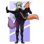  1:1 anthro blue_eyes bluueygooey bridal_carry canid canine carrying clothing cougar diane_foxington dreamworks duo felid feline female female/female fox fur green_eyes green_hair hair hi_res kiss_mark lecia mammal orange_body orange_fur pantherine purple_body purple_fur the_bad_guys tight_clothing 