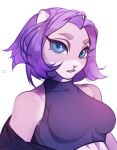  2022 anthro artist_name black_clothing black_topwear blue_eyes bust_portrait clothed clothing dated eyelashes female front_view glistening glistening_eyes hair hi_res looking_at_viewer pink_body portrait purple_hair simple_background solo topwear unknowhiter white_background white_body 