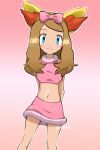  1girl absurdres arms_behind_back bangs blue_eyes blush bow brown_hair closed_mouth commentary eyelashes hair_bow hairband highres jiffy0v0 long_hair looking_at_viewer navel outline pink_bow pink_shirt pink_skirt pokemon pokemon_(anime) pokemon_ears pokemon_xy_(anime) serena_(pokemon) shirt skirt sleeveless sleeveless_shirt smile solo twitter_username watermark yellow_hairband 