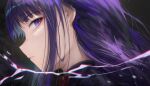  1girl absurdres bangs black_background commentary electricity english_commentary genshin_impact gradient_background high_collar highres light_particles long_hair looking_at_viewer parted_lips portrait profile purple_eyes purple_hair raiden_shogun sidelocks sideways_glance solo yonesdraws 