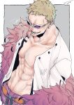  1boy abs absurdres blonde_hair character_name coat donquixote_doflamingo earrings eyes_visible_through_eyewear feather_coat from_above highres jewelry male_focus muscular muscular_male one_piece open_clothes open_mouth pectorals pink_coat shirt short_hair sk_c_ii smile sunglasses teeth white-framed_eyewear white_shirt 