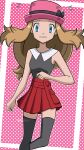  1girl absurdres bare_arms black_thighhighs blue_eyes brown_hair collared_shirt commentary_request eyelashes flying_sweatdrops hat highres jiffy0v0 long_hair looking_at_viewer outline parted_lips pink_background pink_headwear pleated_skirt pokemon pokemon_(anime) pokemon_xy_(anime) raised_eyebrows red_skirt serena_(pokemon) shirt skirt sleeveless sleeveless_shirt solo thighhighs 