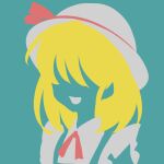  1girl blending blonde_hair blue_background flat_color hat highres kana_anaberal limited_palette maskin_mei no_eyes no_lineart portrait silhouette simple_background solo touhou white_headwear 