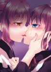  2girls blue_eyes commentary_request crying from_side half-closed_eyes hand_on_another&#039;s_cheek hand_on_another&#039;s_face hisui_(tsukihime) kiss kohaku_(tsukihime) lo_lis maid maid_headdress multiple_girls orange_eyes pink_hair purple_background streaming_tears tears tsukihime yuri 