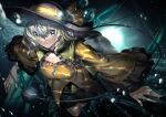  1girl black_headwear breasts bright_pupils brooch cleavage commentary_request green_eyes green_hair hat hat_ribbon highres jewelry komeiji_koishi long_sleeves looking_at_viewer medium_breasts parted_lips ribbon shukusuri solo third_eye touhou white_pupils wide_sleeves yellow_ribbon 