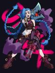  1girl aiming_at_viewer arcane:_league_of_legends arcane_jinx blue_hair boots braid breasts brown_footwear commentary crop_top english_commentary fingerless_gloves full_body gloves gun half-closed_eyes highres holding holding_gun holding_weapon jinx_(league_of_legends) league_of_legends long_hair medium_breasts open_mouth pants purple_eyes smile smoke solo striped striped_pants tina_fate twin_braids vertical-striped_pants vertical_stripes very_long_hair weapon 