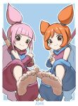  2girls ana_(warioware) aomoro barefoot blush_stickers brown_eyes closed_mouth feet fingernails highres kat_(warioware) looking_at_viewer multiple_girls ninja orange_hair pink_hair siblings simple_background sisters smile soles toenails toes warioware 