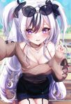  1girl azur_lane bare_shoulders black_bow black_hair black_skirt bow bra_strap brown_sweater choker commentary elbe_(azur_lane) eyewear_on_head garter_straps hair_between_eyes hair_bow highres jewelry lens_flare long_hair long_sleeves looking_at_viewer miniskirt nail_polish necklace off-shoulder_sweater off_shoulder open_mouth pencil_skirt pink_nails purple_eyes skirt solo sunglasses sweater two_side_up umidemi very_long_hair white_hair 