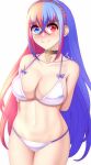  1girl alear_(female)_(fire_emblem) alear_(fire_emblem) anisdrawn arms_behind_back bikini blue_eyes blue_hair blush braid breasts cleavage collarbone commentary cowboy_shot crown_braid fire_emblem fire_emblem_engage hair_between_eyes highres large_breasts long_hair multicolored_hair navel nose_blush red_eyes red_hair sidelocks simple_background solo standing stomach swimsuit thighs two-tone_hair very_long_hair white_background white_bikini 