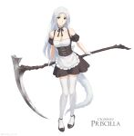  1girl alternate_costume apron arms_behind_back bangs bare_shoulders black_dress black_footwear black_ribbon breasts choker cleavage closed_mouth dark_souls_(series) dark_souls_i detached_sleeves dress enmaided garter_straps gloves grey_hair highres holding holding_scythe large_breasts leaning_forward long_hair maid miura-n315 neck_ribbon parted_hair priscilla_the_crossbreed puffy_short_sleeves puffy_sleeves ribbon ribbon_choker scythe short_sleeves skindentation smile solo thighhighs waist_apron white_background white_gloves white_thighhighs 