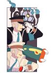  2boys black_coat black_headwear border chandelure coat collared_shirt dress_shirt eelektross emmet_(pokemon) from_side gloves grey_eyes grey_hair hand_on_headwear hat high_collar holding holding_poke_ball ingo_(pokemon) jaho long_sideburns long_sleeves male_focus multiple_boys peaked_cap poke_ball poke_ball_(basic) pokemon pokemon_(creature) pokemon_(game) pokemon_bw shirt short_hair sideburns trench_coat white_border white_coat white_gloves white_headwear white_shirt 