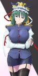  1girl arms_under_breasts asymmetrical_hair bangs black_thighhighs blue_eyes blue_shirt breasts buttons closed_mouth dark_background garter_belt garter_straps glaring gold_trim green_hair hair_between_eyes half-closed_eyes hat head_tilt highres juliet_sleeves large_breasts long_sleeves looking_at_viewer miniskirt puffy_sleeves ribbon shiki_eiki shirt simple_background skirt solo thighhighs touhou two-tone_background vision_(artist) white_background 
