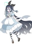  1girl :o alice_(alice_in_wonderland) alice_(alice_in_wonderland)_(cosplay) alice_in_wonderland aris_(blue_archive) black_bow blue_archive blush bow cosplay dress full_body hair_between_eyes halo highres jewelry key_necklace long_hair looking_at_viewer mary_janes mugiyu_(mezt4887) necklace one_side_up pantyhose pinafore_dress puffy_short_sleeves puffy_sleeves ringed_eyes shoes short_sleeves simple_background solo striped striped_pantyhose very_long_hair white_background 