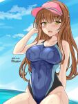  beach black_one-piece_swimsuit blue_one-piece_swimsuit breasts brown_hair cloud collarbone competition_swimsuit dated day green_eyes hat helena_(kancolle) highleg highleg_swimsuit highres horizon kantai_collection long_hair medium_breasts montemasa multicolored_clothes multicolored_swimsuit ocean one-piece_swimsuit outdoors pink_headwear sitting swimsuit twitter_username two-tone_swimsuit water wet wet_clothes wet_swimsuit 