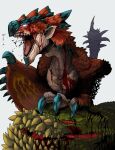  absurdres after_battle amputee blood blue_eyes claws death deviljho dragon foot_on_head highres horns monster monster_hunter_(series) no_humans open_mouth pekoson rathalos red_eyes sharp_teeth simple_background spikes tail teeth tongue white_background wings wyvern yellow_eyes 