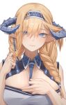  1girl arknights bare_shoulders blonde_hair blue_eyes blue_hairband blue_necktie braid breasts commentary hairband highres horns long_hair looking_at_viewer necktie pointy_ears saileach_(arknights) simple_background skindentation smile solo upper_body white_background yueyue_no_hand 