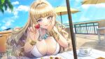  1girl beach_umbrella blonde_hair blue_eyes blue_sky bracelet breasts chair chocolate cleavage commentary_request cup dolphin_wave feeding hand_on_own_cheek hand_on_own_face highres jewelry kirahoshi_kanna large_breasts looking_at_viewer necklace official_art ootomo_takuji sky sparkle table umbrella valentine wavy_hair 