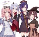  1other 25-ji_night_code_de._(project_sekai) 3girls akiyama_mizuki alice_(alice_in_wonderland) alice_(alice_in_wonderland)_(cosplay) alice_in_wonderland alternate_costume alternate_hairstyle androgynous apron asahina_mafuyu black_dress black_headwear blue_dress blue_eyes blue_hair brown_eyes brown_hair cosplay cross demon_girl demon_horns do_while02 dress frilled_apron frilled_dress frills hat highres holding holding_syringe horns light_blue_hair long_hair long_sleeves looking_at_viewer low_ponytail low_twintails medium_hair multiple_girls nurse nurse_cap open_mouth pink_eyes pink_hair project_sekai puffy_short_sleeves puffy_sleeves purple_hair red_cross shinonome_ena short_sleeves syringe twintails white_apron wrist_cuffs yoisaki_kanade 