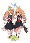  2girls ahoge antennae armband bag bandaid bird bloomers bow braid collar commentary_request drooling full_body green_eyes hair_bow highres holding_hands id_card leucochloridium_paradoxum loafers long_hair looking_at_another multiple_girls orange_hair original parasite pointy_ears red_eyes sailor_collar school_bag school_uniform shoes sign snail snail_girl suspenders twin_braids underwear vial warning_sign zenmaibook 