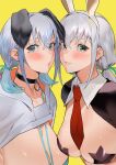 2girls animal_ears black_choker blue_eyes breasts character_request choker cleavage closed_mouth commentary_request dog_ears earrings facial_tattoo fake_animal_ears gradient_hair green_ribbon grey_hair hair_ribbon ikuchan_kaoru ikuchan_kaoru_(character) indie_virtual_youtuber jewelry large_breasts looking_at_viewer medium_breasts meme_attire multicolored_hair multiple_girls necktie original pasties rabbit_ears red_necktie reverse_bunnysuit reverse_outfit ribbon short_hair short_twintails simple_background smile star_(symbol) star_earrings star_in_eye star_pasties star_tattoo symbol_in_eye tattoo twintails upper_body yellow_background 