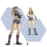  1girl artist_logo black_eyes blonde_hair boots breasts fingerless_gloves full_body gloves grey_footwear grey_shorts grey_tank_top harymachinegun long_hair medium_breasts metroid midriff multiple_views navel ponytail samus_aran shorts sidelocks simple_background solo standing tank_top two-tone_background white_background 