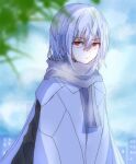  1boy accelerator_(toaru_majutsu_no_index) albino ambiguous_gender bangs black_shirt blurry blurry_background bug_print cape cityscape closed_mouth cloud cloudy_sky coat commentary_request day diagonal_stripes expressionless grey_scarf hair_between_eyes half-closed_eyes leaf maisuiren official_alternate_costume pale_skin red_eyes scarf shirt short_hair sky solo solo_focus striped toaru_majutsu_no_index tree upper_body white_cape white_coat white_hair 