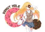  +_+ 1girl bag blonde_hair blue_skirt breasts brown_sweater_vest buttons chain closed_mouth collared_shirt contrapposto cowboy_shot donut_hole_(vocaloid) doughnut doughnut_background english_text floating_hair food gloves hand_up handbag hands_on_hips highres holding holding_food hopetrash555 lace-trimmed_gloves lace-trimmed_legwear lace_trim large_breasts long_hair miniskirt pleated_skirt school_uniform shirt shokuhou_misaki short_sleeves signature skirt skirt_flip smile solo sparkling_eyes spider_web_print standing star_(symbol) star_print summer_uniform sweater_vest thighhighs toaru_kagaku_no_railgun toaru_majutsu_no_index tokiwadai_school_uniform vest white_bag white_gloves white_shirt white_thighhighs yellow_pupils zettai_ryouiki 