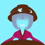  1girl blending blue_background bowl bowl_hat flat_color hat highres japanese_clothes kimono limited_palette maskin_mei minimalism no_eyes no_lineart portrait purple_hair red_kimono silhouette simple_background solo sukuna_shinmyoumaru touhou wide_sleeves 