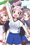  3girls :d ;p animal_ears bear_ears bear_girl bear_paw_hammer bergman&#039;s_bear_(kemono_friends) blue_shorts brown_eyes brown_hair ezo_brown_bear_(kemono_friends) grey_hair gym_outfit headband kemono_friends kemono_friends_3 kitsunetsuki_itsuki kodiak_bear_(kemono_friends) light_brown_hair long_hair matching_outfit multicolored_hair multiple_girls official_alternate_costume one_eye_closed open_mouth shirt short_hair shorts smile t-shirt tongue tongue_out translated twintails weapon white_shirt 