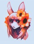  2019 absurd_res anthro big_eyes bust_portrait dated female flower glistening glistening_eyes hair hi_res lagomorph leporid mammal mouth_closed notched_ear orange_flower pink_body pink_hair pink_nose plant portrait rabbit red_eyes signature simple_background solo unknowhiter white_background 