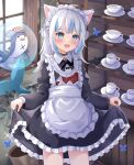  1girl :d absurdres animal_ear_fluff animal_ears apron black_choker bloop_(gawr_gura) blue_eyes blue_hair blush cat_ears choker cup fish_tail gawr_gura grey_hair hair_ornament highres hololive hololive_english looking_at_viewer maid maid_apron maid_headdress medium_hair multicolored_hair nekopurin_(nyanko_prin) open_mouth plate shark_girl shark_hair_ornament shark_tail sharp_teeth short_twintails smile solo streaked_hair tail teacup teeth twintails virtual_youtuber white_apron 