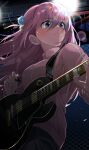  1girl absurdres blue_eyes bocchi_the_rock! breasts cube_hair_ornament electric_guitar gibson_les_paul gotou_hitori guitar hair_ornament highres holding holding_instrument instrument jacket large_breasts long_hair long_sleeves looking_to_the_side music one_side_up pink_hair pink_jacket pink_track_suit playing_instrument plectrum tearing_up tears track_jacket uparupya 