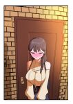  backpack bag bare_shoulders blush breasts brown_hair door earrings highres jewelry large_breasts long_hair original sweat zurikishi 