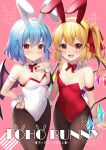  2girls :d animal_ears arm_strap arms_at_sides bangs bare_shoulders bat_wings black_pantyhose blonde_hair blue_hair blush bow bowtie breasts choker cleavage closed_mouth commentary_request cover cover_page covered_navel cowboy_shot crystal curvy doujin_cover english_text eyelashes fake_animal_ears fake_tail fang flandre_scarlet frilled_choker frills groin hair_between_eyes hair_ribbon hand_on_hip highres leotard looking_at_viewer medium_hair multiple_girls open_mouth pantyhose pink_hair playboy_bunny rabbit_ears rabbit_tail red_bow red_bowtie red_eyes red_leotard red_ribbon remilia_scarlet ribbon ruhika siblings side_ponytail simple_background sisters small_breasts smile standing tail touhou upper_body v-shaped_eyebrows white_choker white_leotard white_wrist_cuffs wings wrist_cuffs 