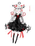  1girl ^_^ antenna_hair black_dress black_footwear blush boots closed_eyes dark_halo drawn_wings dress facing_viewer floating_headgear flower frilled_dress frills full_body gekiyaku hair_flower hair_ornament halo headgear kokaki_mumose neck_ribbon open_mouth pale_skin red_flower red_ribbon ribbon short_dress short_sleeves simple_background sketch smile solo translated utau white_background white_hair wrist_cuffs 