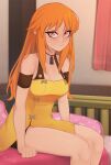  1girl aika_(eternal_arcadia) armband bangs breasts brown_eyes closed_mouth commentary darahan dress earrings embarrassed english_commentary eternal_arcadia hair_down indoors jewelry long_hair looking_at_viewer medium_breasts orange_hair sitting solo yellow_dress 