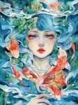  blue_eyes blue_hair blush eyelashes eyeshadow fish floral_print hair_flowing_over hand_on_own_chest japanese_clothes kimono koi lips looking_at_viewer lying makeup margaretmorales multicolored_clothes nose_blush open_mouth original painting_(medium) red_lips scales seaweed traditional_media underwater water water_drop watercolor_(medium) watermark web_address 