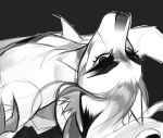  anthro bodily_fluids canid eyebrows eyelashes female inner_ear_fluff mammal monochrome simple_background solo tears tuft unknowhiter 