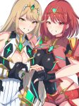  2girls absurdres bangs bare_shoulders black_gloves blonde_hair blush breasts cleavage commentary earrings gloves grin highres jewelry large_breasts latte looking_at_viewer multiple_girls mythra_(xenoblade) pyra_(xenoblade) red_eyes red_hair simple_background smile swept_bangs tiara white_background white_gloves xenoblade_chronicles_(series) xenoblade_chronicles_2 yellow_eyes 