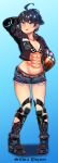  1girl abs ahoge arm_behind_head bangs belt bikini bikini_top_only black_footwear black_jacket black_survival blue_background blue_eyes blue_shorts blush boots breasts brown_belt character_name character_print closed_mouth commentary_request cropped_jacket earrings elbow_pads exposed_pocket full_body highres jacket jewelry kurodani_yamame long_sleeves looking_afar midriff muscular muscular_female navel open_clothes open_jacket pigeon-toed racing_suit rinyamame short_hair short_shorts shorts silvia_piquet small_breasts smile solo standing stud_earrings swimsuit tongue tongue_out touhou 