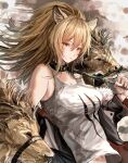  1girl absurdres animal_ears arknights bare_shoulders black_jacket blonde_hair blush breasts candy cleavage closed_mouth collar food highres holding holding_weapon jacket large_breasts lion lion_ears lollipop long_hair long_sleeves looking_at_viewer mouth_hold off_shoulder open_clothes open_jacket ponytail shirt siege_(arknights) solo tank_top upper_body user_yujg3254 weapon white_shirt yellow_eyes 