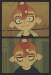 1boy absurdres bags_under_eyes before_and_after black_shirt ear_piercing earrings empty_eyes expressionless eyebrow_cut grey_eyes grin highres iwamushi jacket jewelry looking_at_viewer looking_to_the_side octoling octoling_boy piercing pointy_ears red_hair salmon_run_(splatoon) shirt smile solo splatoon_(series) splatoon_3 suction_cups tentacle_hair thick_eyebrows white_jacket 